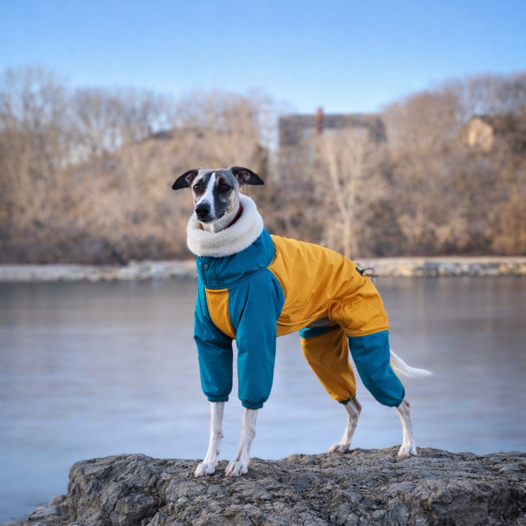 Capa de Chuva Térmica Impermeável para Whippet – Azul & Amarelo