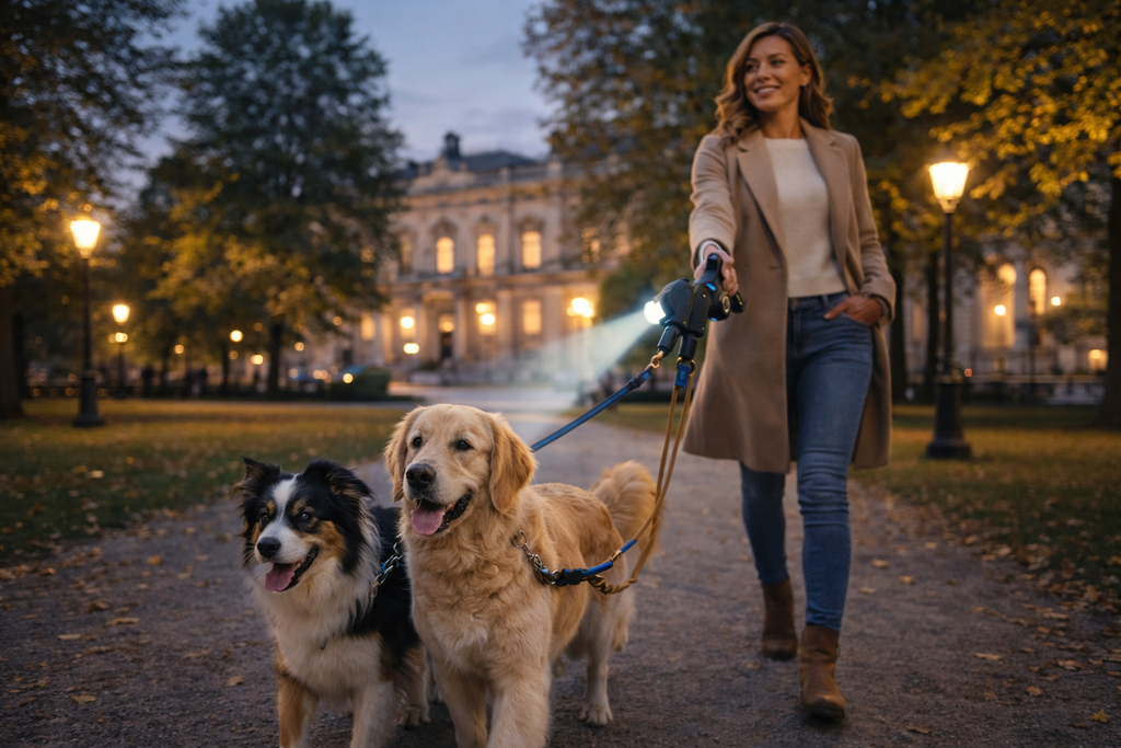 Guia DuoControl™ 360° com LED – Coleira Retrátil Dupla para 2 Cães