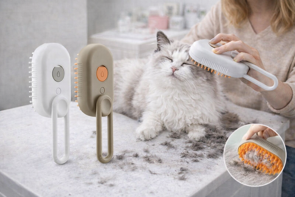 Escova a Vapor 3 em 1 para Pets – Remove Pelos, Limpa e Relaxa