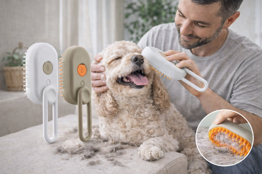 Escova a Vapor 3 em 1 para Pets – Remove Pelos, Limpa e Relaxa