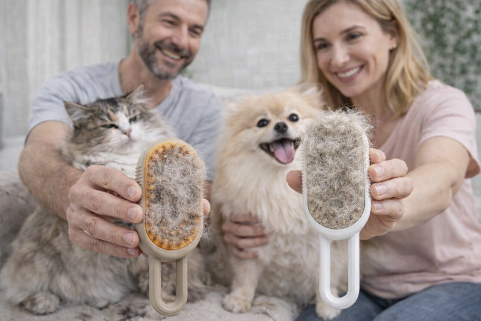 Escova a Vapor 3 em 1 para Pets – Remove Pelos, Limpa e Relaxa