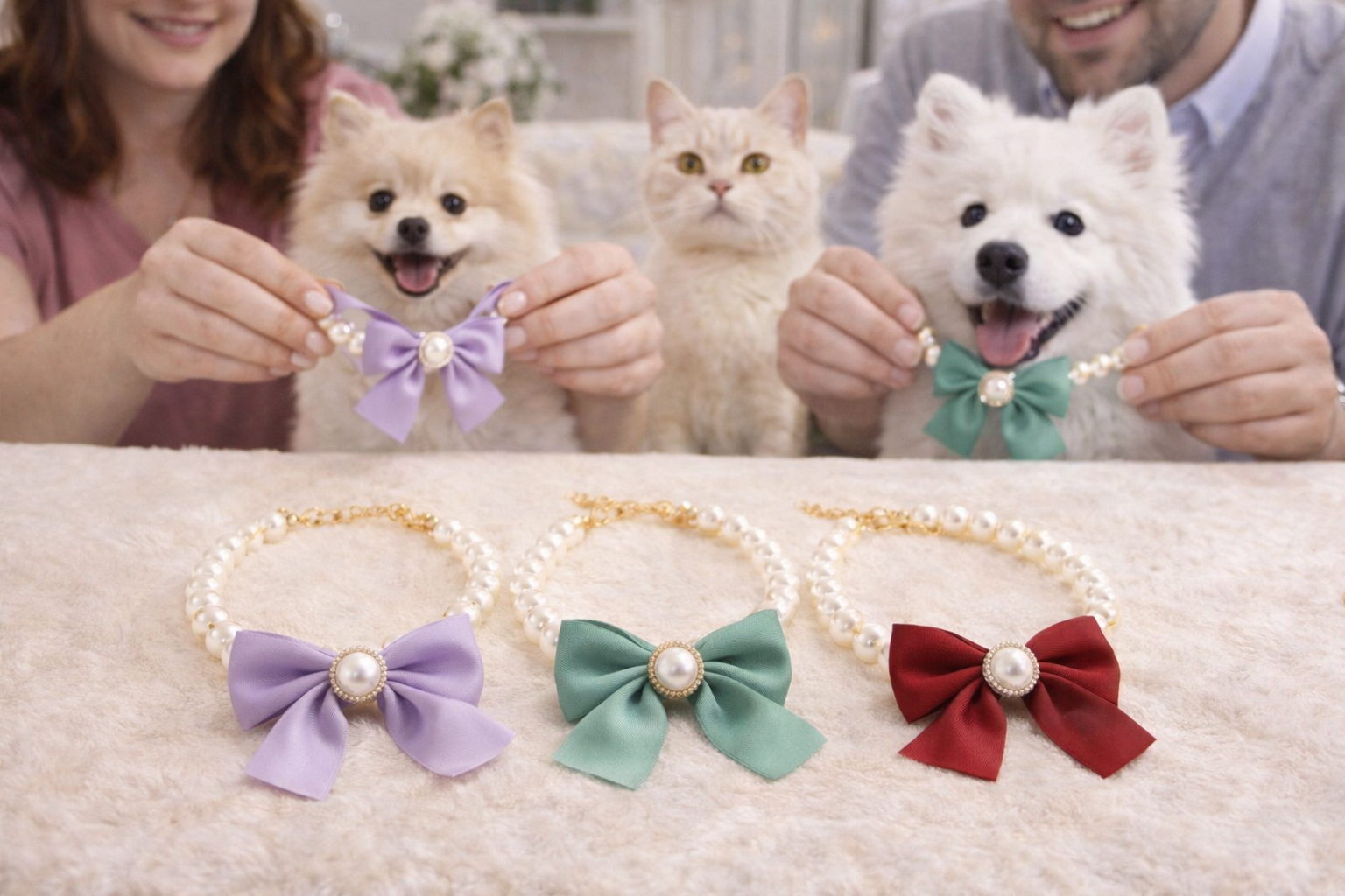 Colar Pérolas com Laço Luxo para Pets