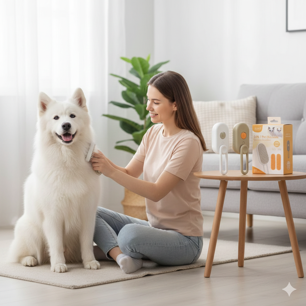 Escova a Vapor 3 em 1 para Pets – Remove Pelos, Limpa e Relaxa