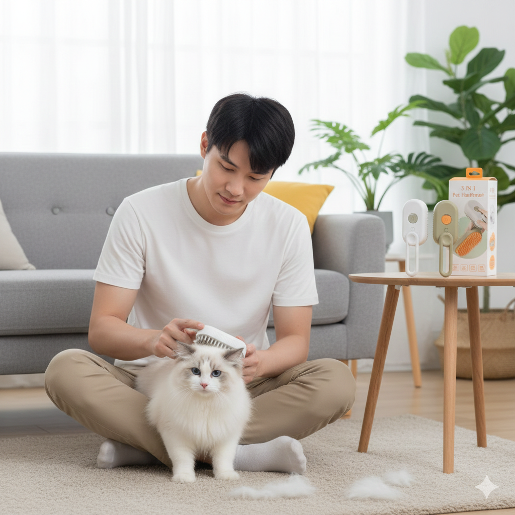 Escova a Vapor 3 em 1 para Pets – Remove Pelos, Limpa e Relaxa