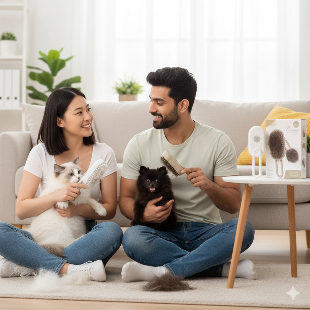 Escova a Vapor 3 em 1 para Pets – Remove Pelos, Limpa e Relaxa