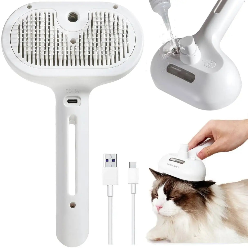 Escova Spray Multifuncional USB para Cães e Gatos – Higiene, Massagem e Remoção de Pelos