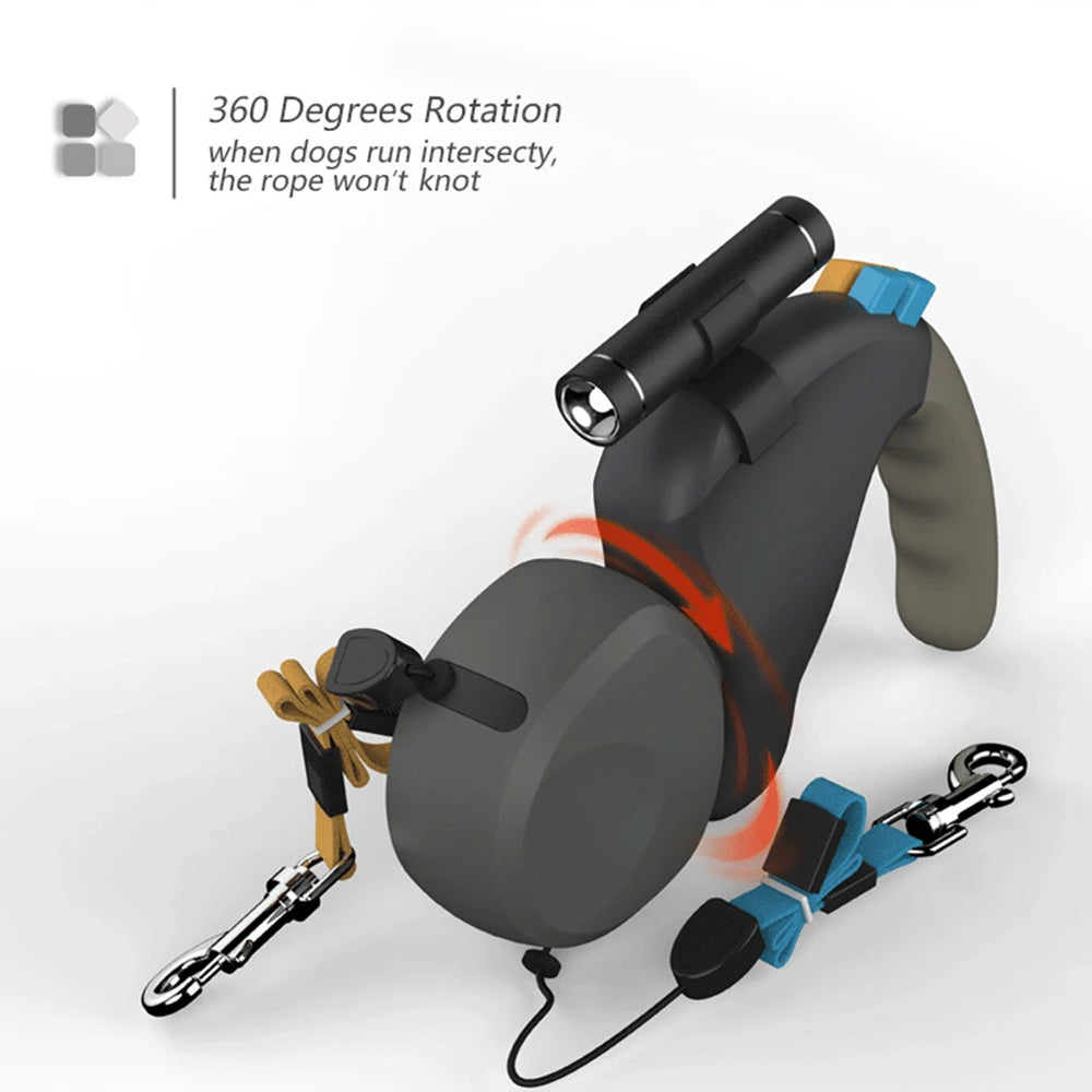 Guia DuoControl™ 360° com LED – Coleira Retrátil Dupla para 2 Cães