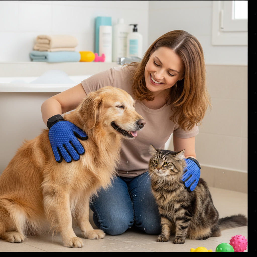 Luva Escova para Grooming de Cães e Gatos – Remoção de Pelos, Massagem e Banho em um Só Acessório
