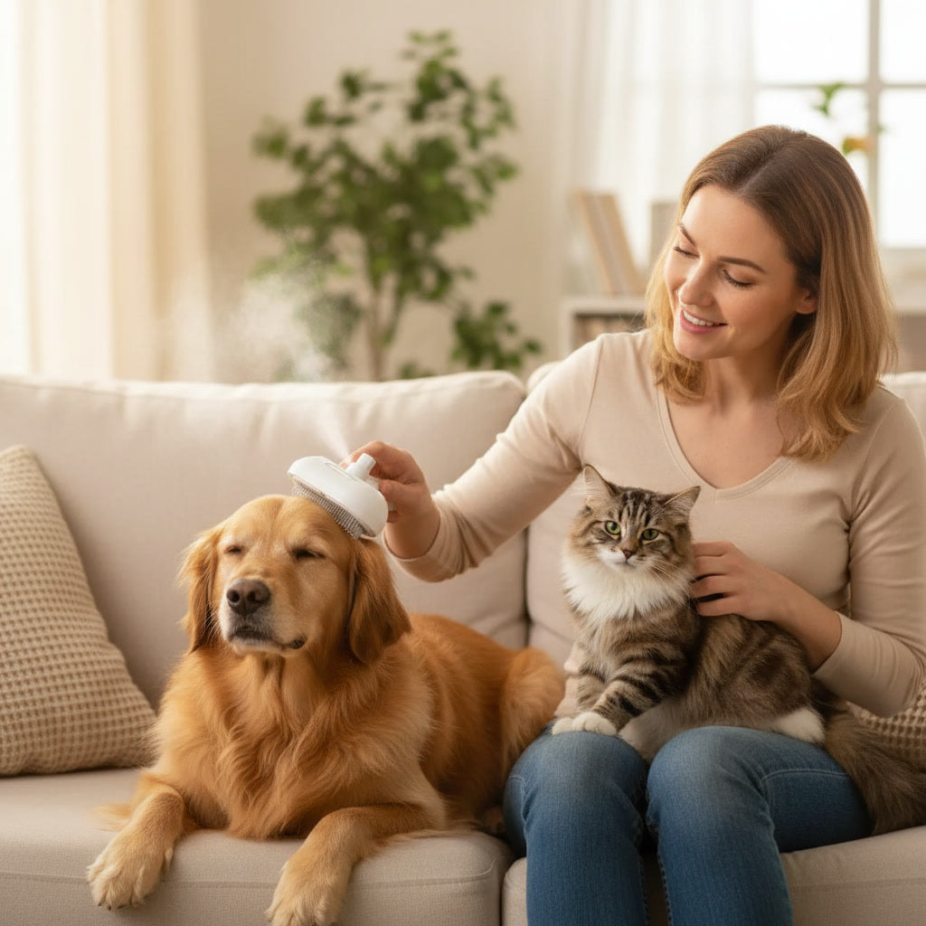 Escova Spray Multifuncional USB para Cães e Gatos – Higiene, Massagem e Remoção de Pelos