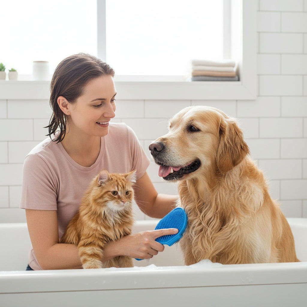 Escova de Silicone para Banho e Remoção de Pelos de Cães e Gatos – Massagem Suave e Limpeza Eficiente